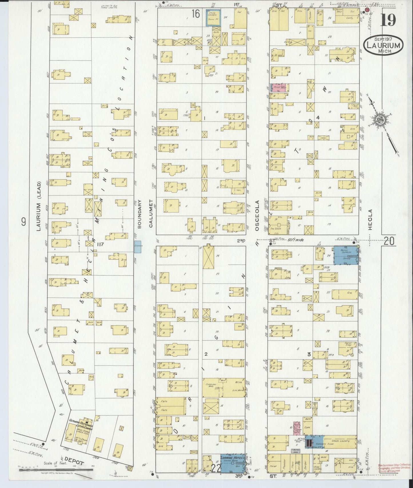 Sanborn Fire Insurance Map from Laurium, Houghton County, Michigan (1917), Sheet #0019 - Complete Map Set gallery image, historic Sanborn map, vintage wall art, Michigan Michigan