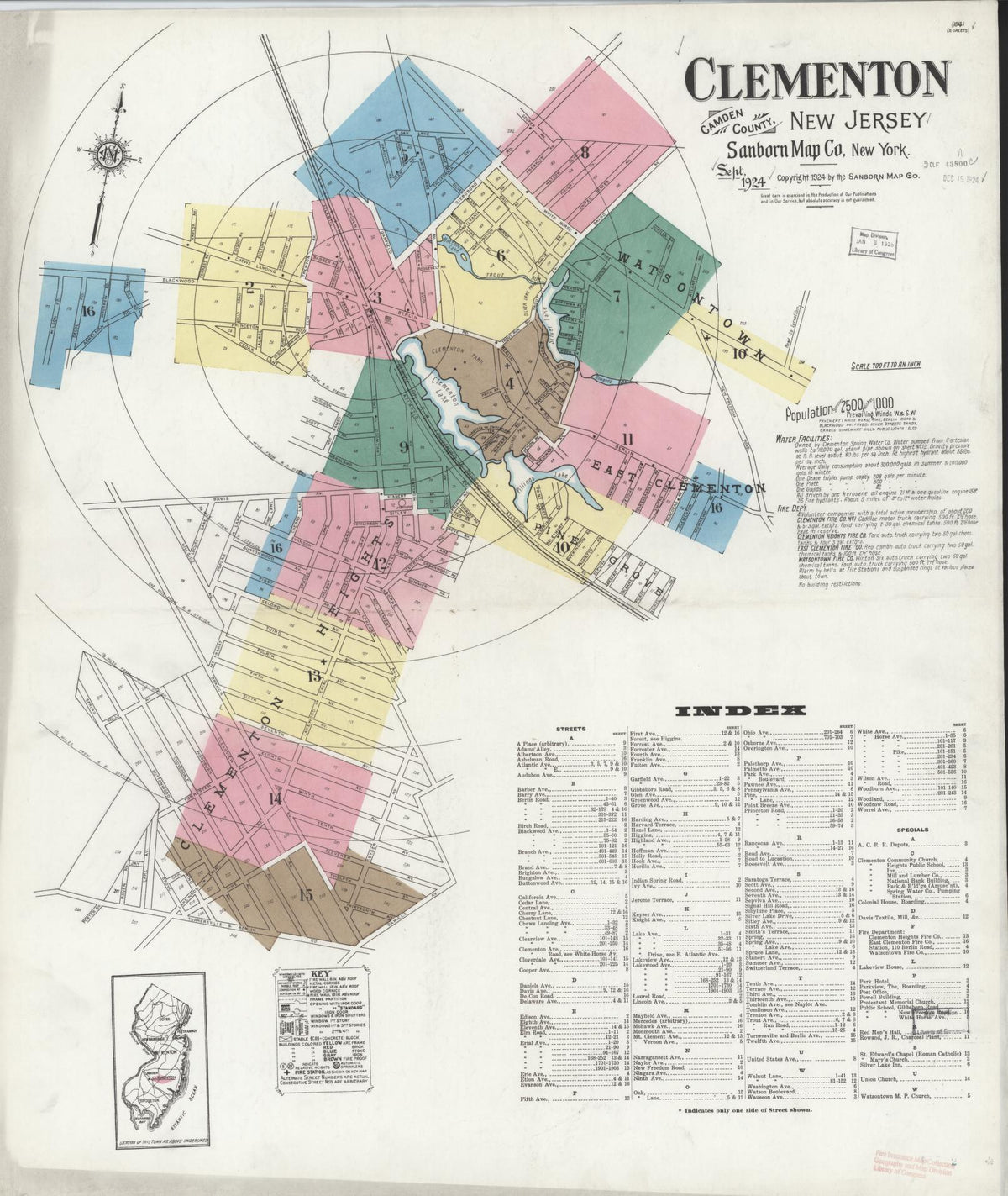 Sanborn Fire Insurance Map from Clementon, Camden County, New Jersey (1924), Sheet #0001 - Historic Sanborn Fire Insurance Map Print, vintage old map wall art, antique decor, genealogy gift, New Jersey New Jersey map