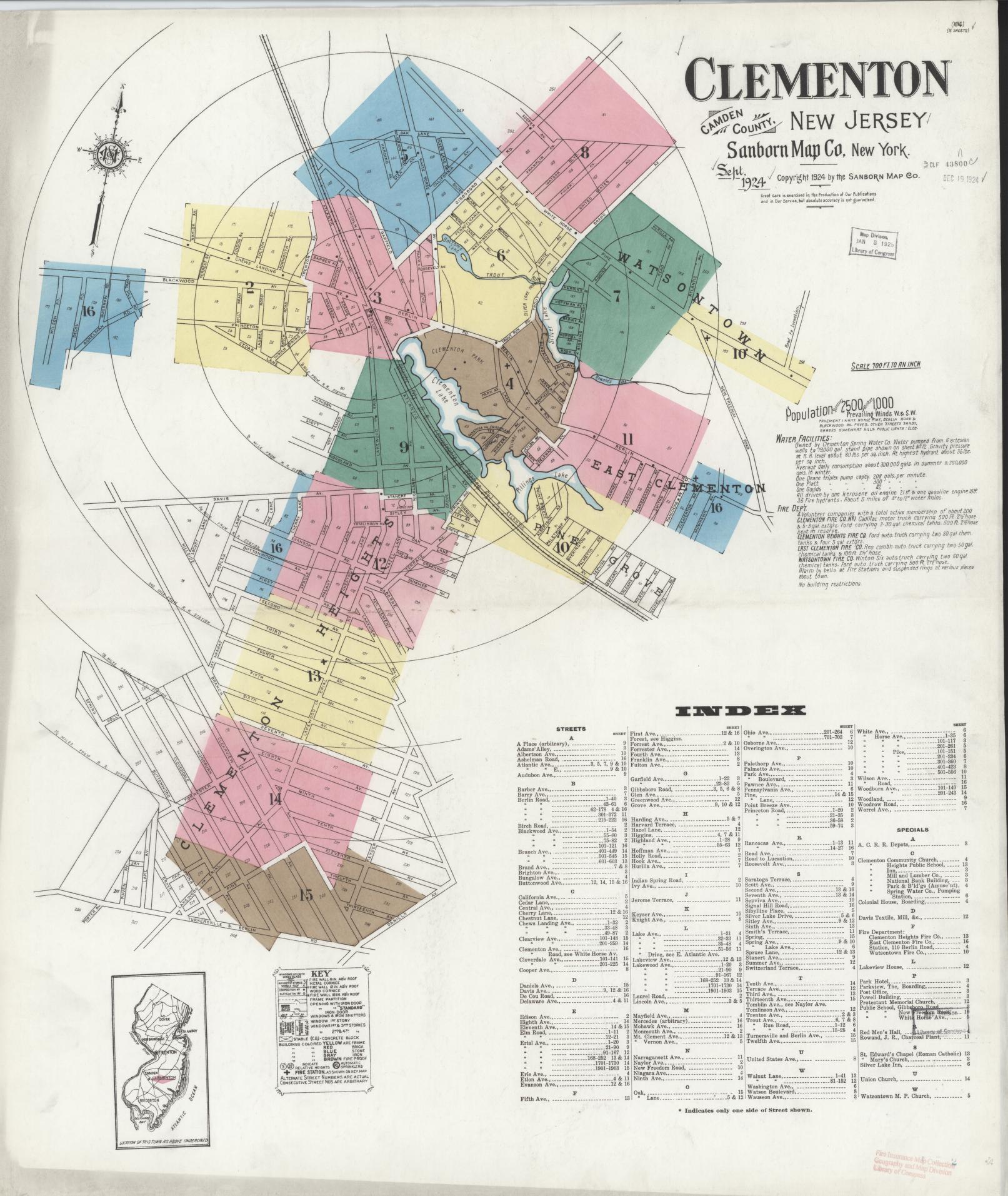 Sanborn Fire Insurance Map from Clementon, Camden County, New Jersey (1924), Sheet #0001 - Historic Sanborn Fire Insurance Map Print, vintage old map wall art, antique decor, genealogy gift, New Jersey New Jersey map