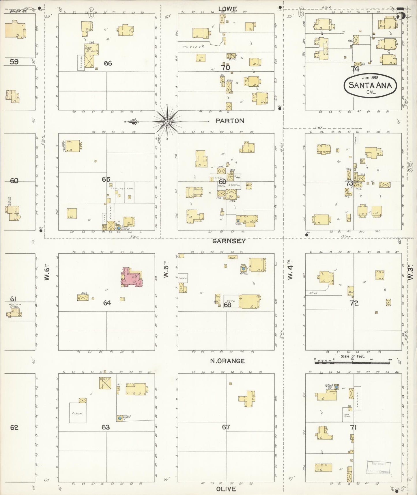 Sanborn Fire Insurance Map from Santa Ana, Orange County, California (1895), Sheet #0005 - Complete Map Set gallery image, historic Sanborn map, vintage wall art, California California