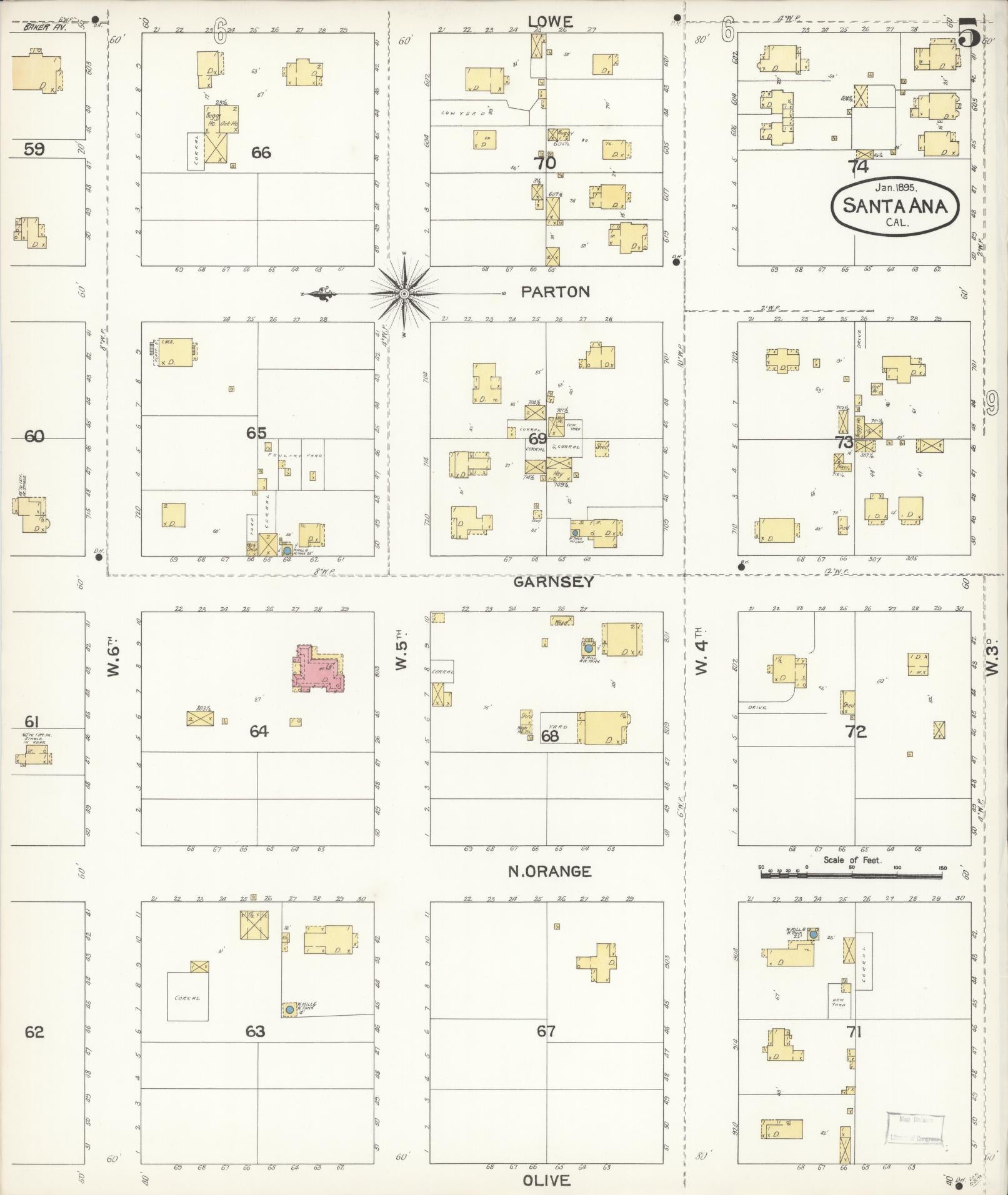Sanborn Fire Insurance Map from Santa Ana, Orange County, California (1895), Sheet #0005 - Complete Map Set gallery image, historic Sanborn map, vintage wall art, California California
