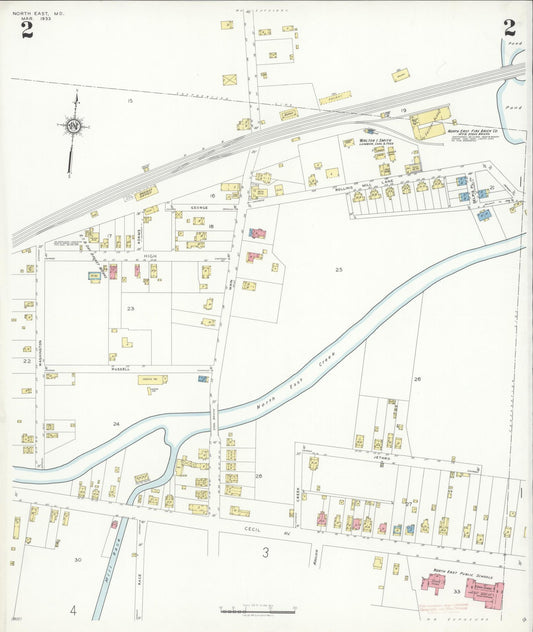 Sanborn Fire Insurance Map from North East, Cecil County, Maryland (1933), Sheet #0002 - Historic Sanborn Fire Insurance Map Print, vintage old map wall art