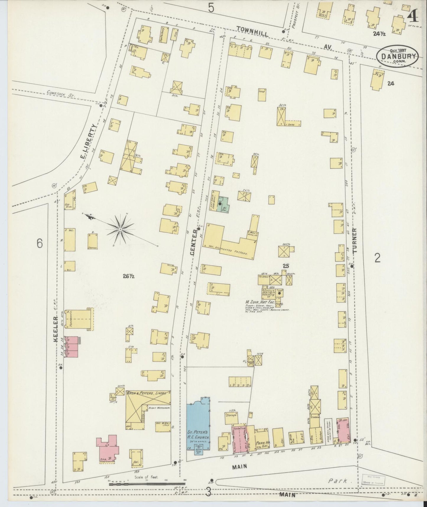 Sanborn Fire Insurance Map from Danbury, Fairfield County, Connecticut (1897), Sheet #0004 - Historic Sanborn Fire Insurance Map Print, vintage old map wall art, antique decor, genealogy gift, Connecticut Connecticut map