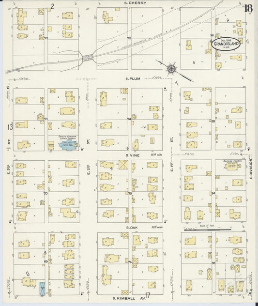 Sanborn Fire Insurance Map from Grand Island, Hall County, Nebraska (1909), Sheet #0018 - Historic Sanborn Fire Insurance Map Print, vintage old map wall art, antique decor, genealogy gift, Nebraska Nebraska map