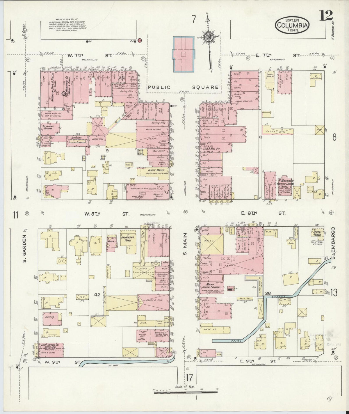 Sanborn Fire Insurance Map from Columbia, Maury County, Tennessee (1914), Sheet #0012 - Complete Map Set gallery image, historic Sanborn map, vintage wall art, Tennessee Tennessee