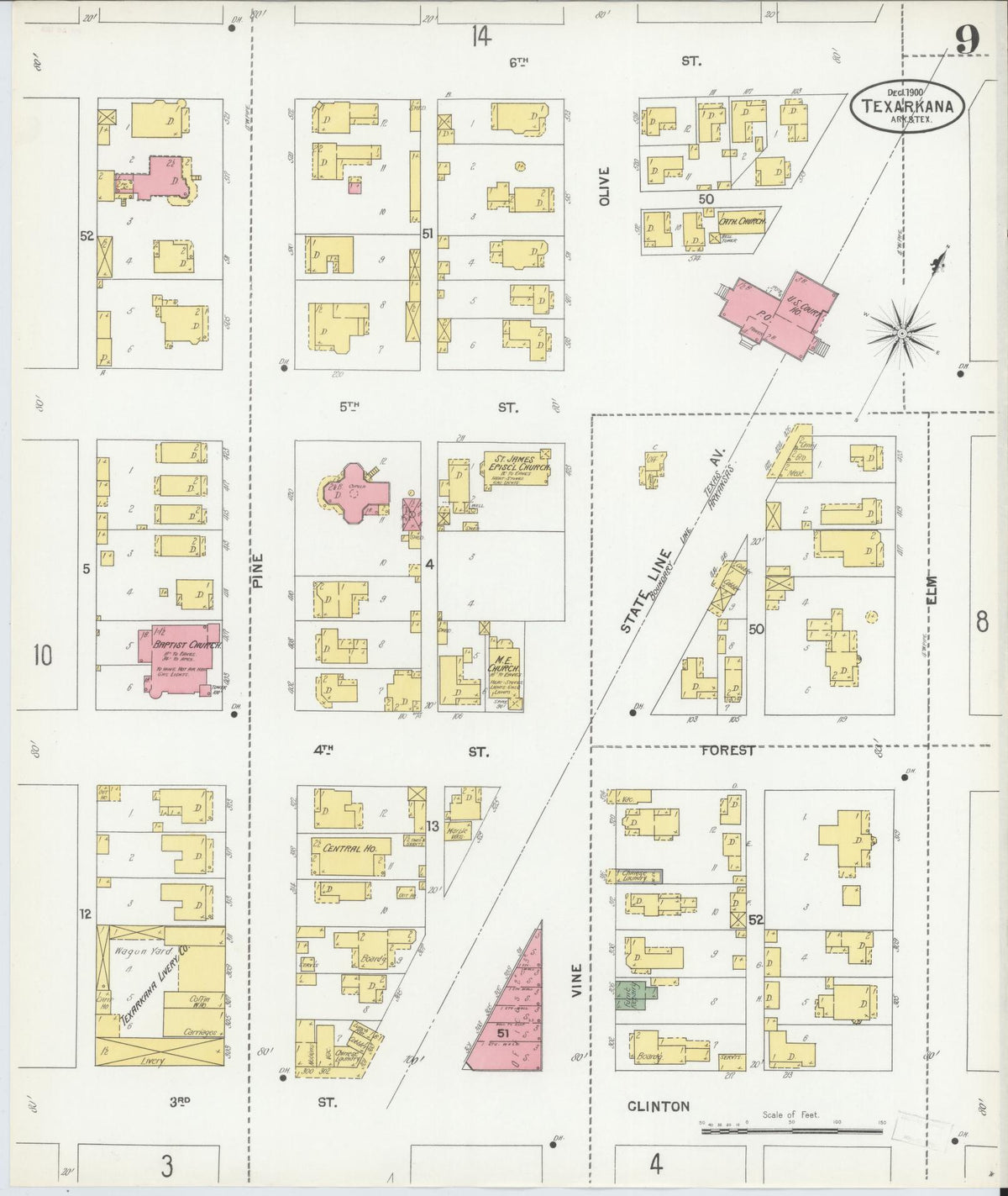 Sanborn Fire Insurance Map from Texarkana, Bowie County, Texas (1900), Sheet #0009 - Complete Map Set gallery image, historic Sanborn map, vintage wall art, Texas Texas