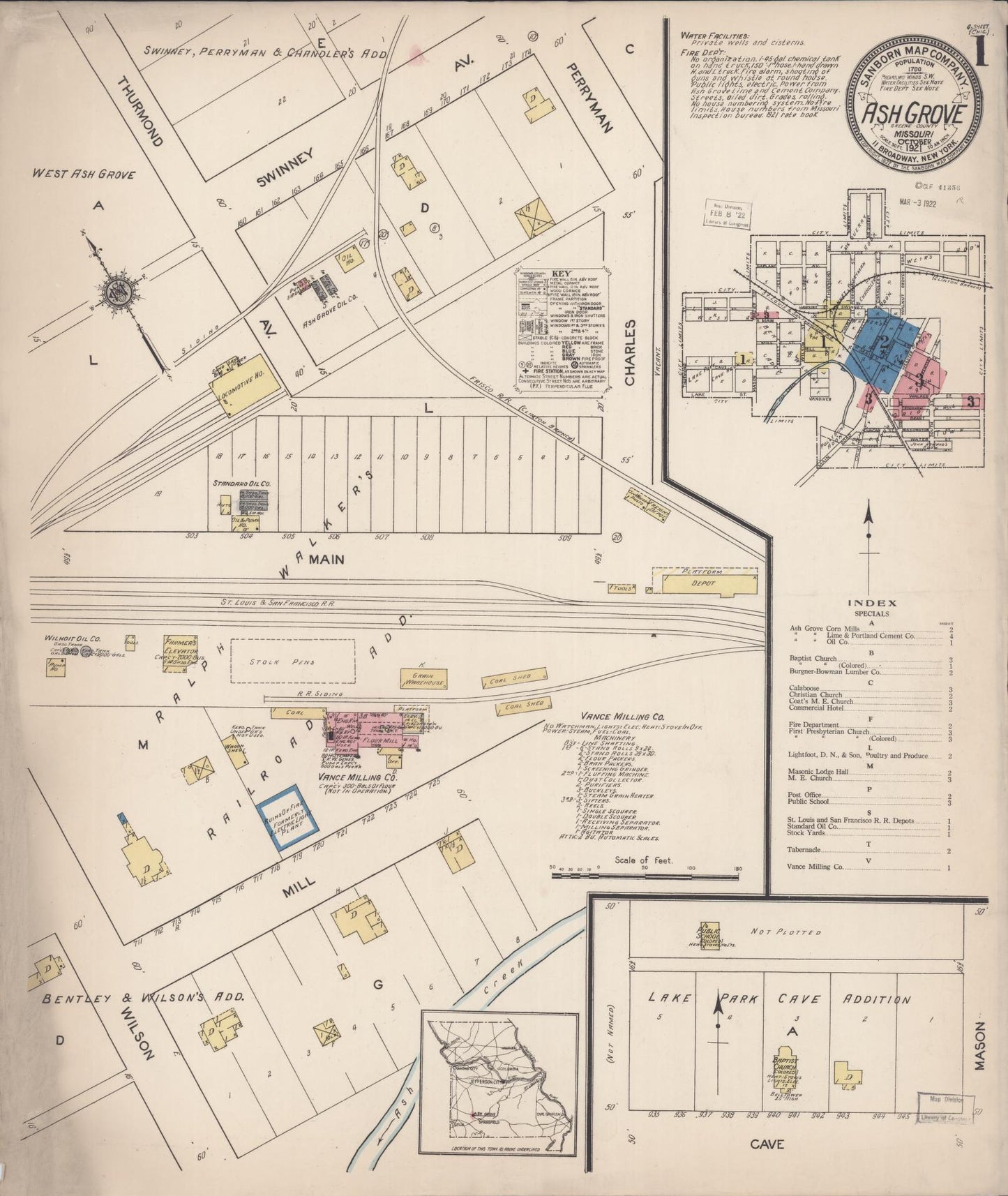 Sanborn Fire Insurance Map from Ash Grove, Greene County, Missouri (1921), Sheet #0001 - Complete Map Set gallery image, historic Sanborn map, vintage wall art, Missouri Missouri