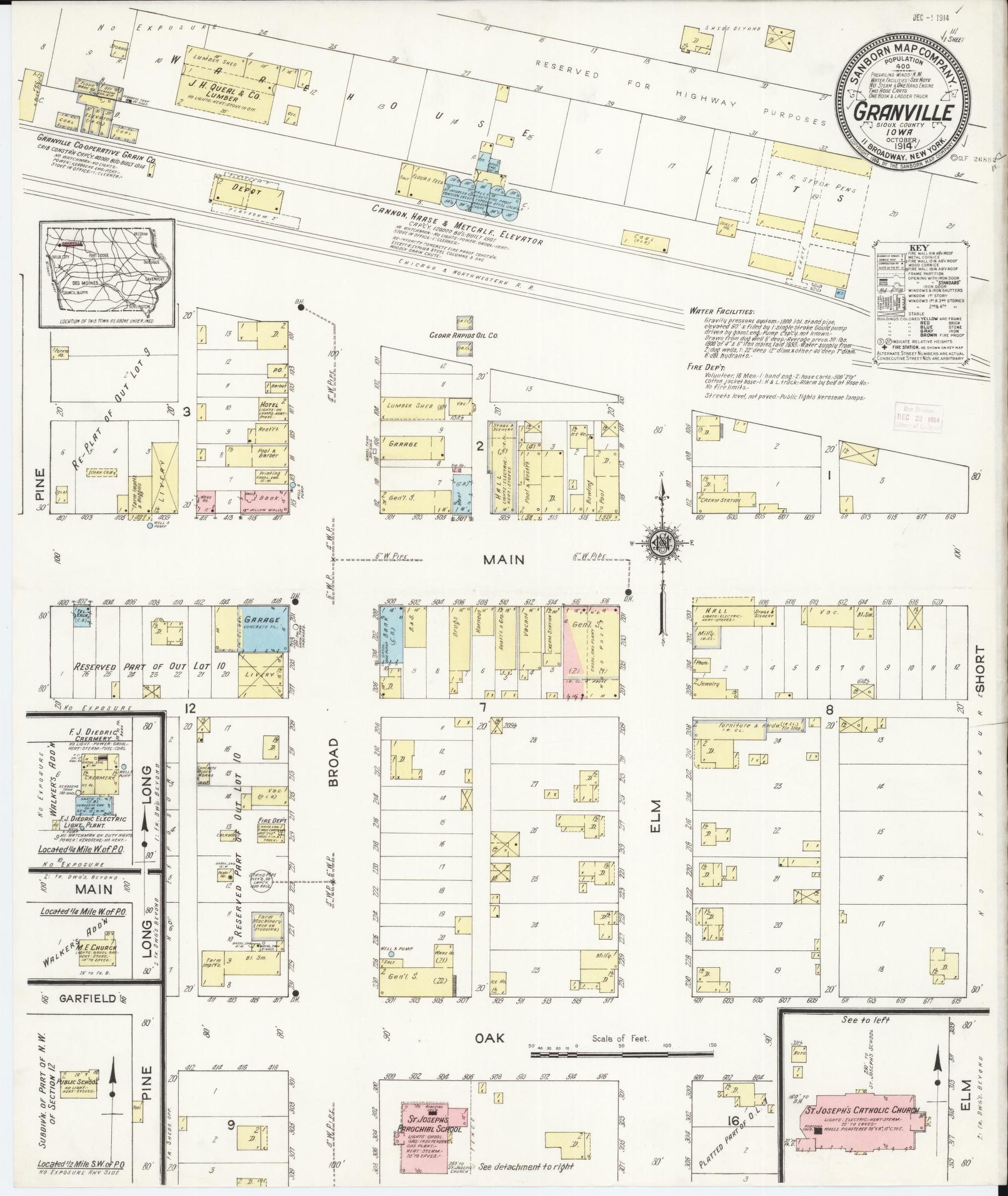 Sanborn Fire Insurance Map from Granville, Sioux County, Iowa (1914), Sheet #0001 - Historic Sanborn Fire Insurance Map Print, vintage old map wall art