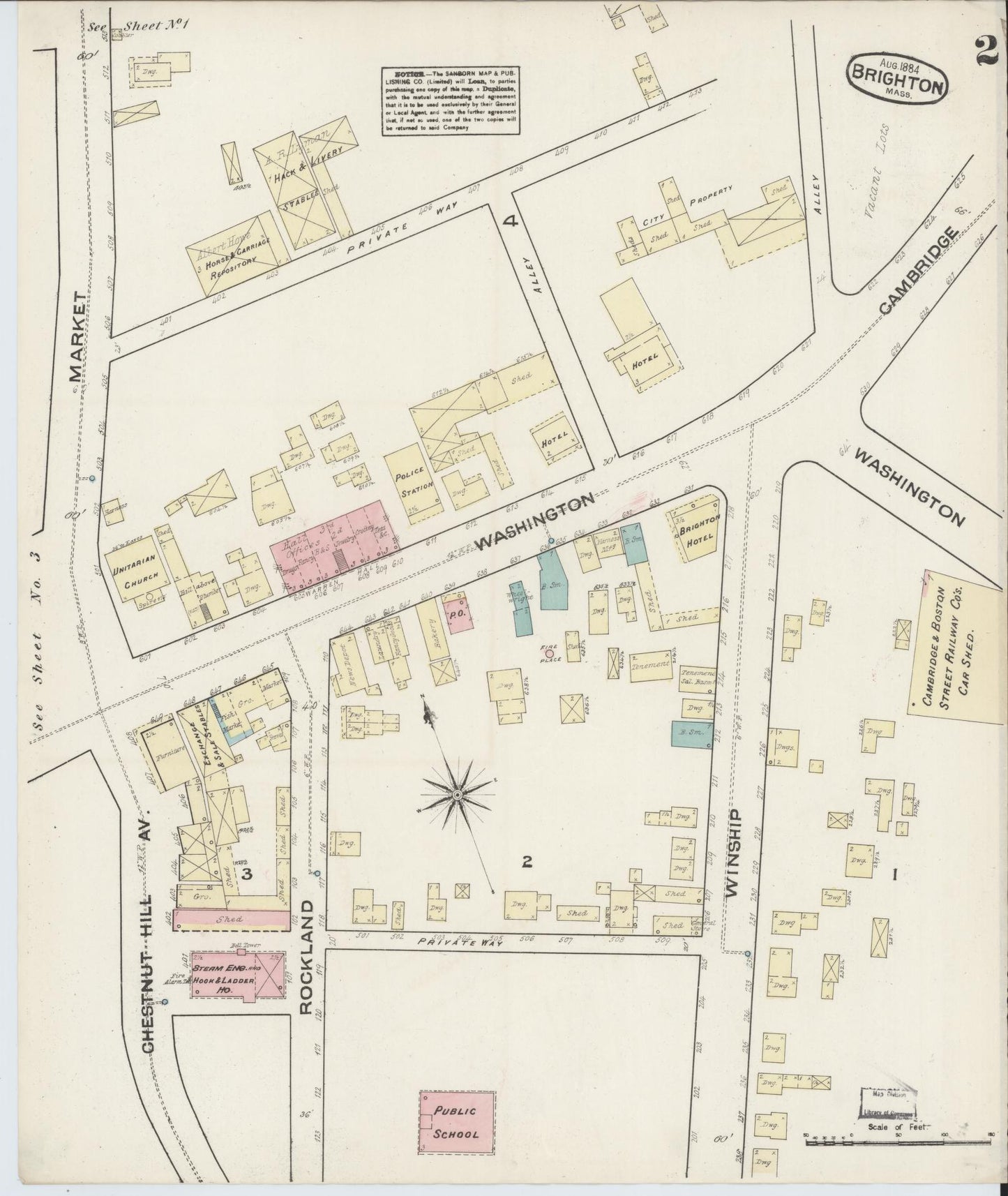 Sanborn Fire Insurance Map from Brighton, Suffolk County, Massachusetts (1884), Sheet #0002 - Historic Sanborn Fire Insurance Map Print, vintage old map wall art, antique decor, genealogy gift, Massachusetts Massachusetts map