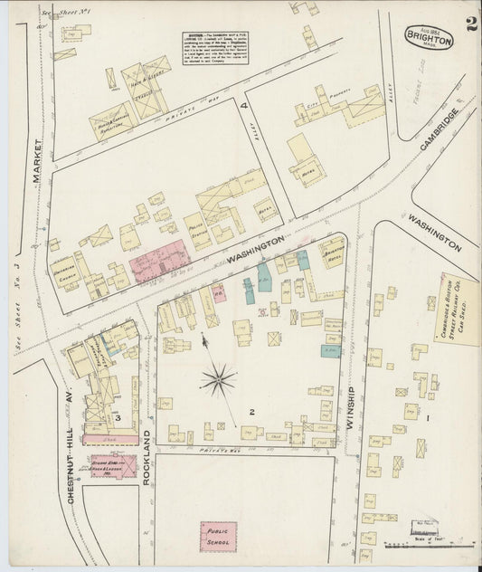 Sanborn Fire Insurance Map from Brighton, Suffolk County, Massachusetts (1884), Sheet #0002 - Historic Sanborn Fire Insurance Map Print, vintage old map wall art, antique decor, genealogy gift, Massachusetts Massachusetts map