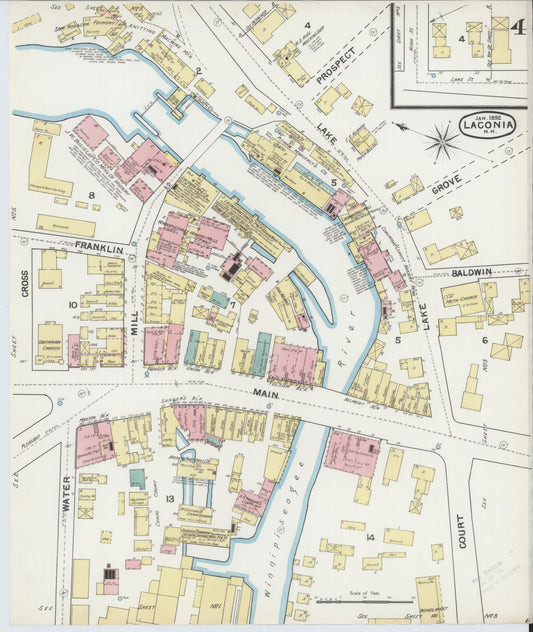 Sanborn Fire Insurance Map from Laconia, Belknap County, New Hampshire (1892), Sheet #0004 - Historic Sanborn Fire Insurance Map Print, vintage old map wall art, antique decor, genealogy gift, New Hampshire New Hampshire map