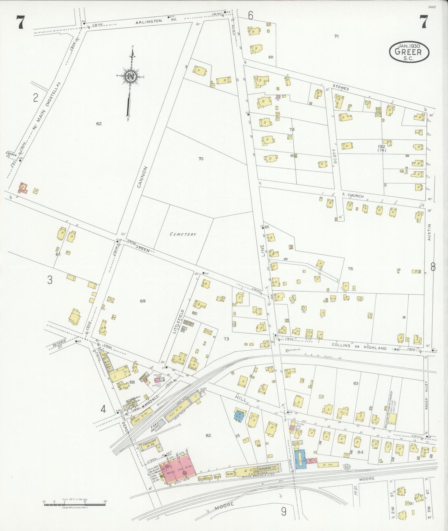 Sanborn Fire Insurance Map from Greer, Greenville and Spartanburg Counties, South Carolina (1930), Sheet #0007 - Complete Map Set gallery image, historic Sanborn map, vintage wall art, South Carolina South Carolina