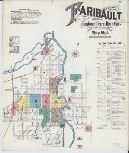 Sanborn Fire Insurance Map from Faribault, Rice County, Minnesota (1893), Sheet #0001 - Historic Sanborn Fire Insurance Map Print, vintage old map wall art, antique decor, genealogy gift, Minnesota Minnesota map