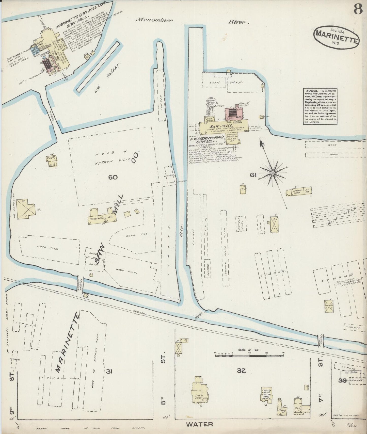 Sanborn Fire Insurance Map from Marinette, Marinette County, Wisconsin (1884), Sheet #0008 - Historic Sanborn Fire Insurance Map Print, vintage old map wall art, antique decor, genealogy gift, Wisconsin Wisconsin map
