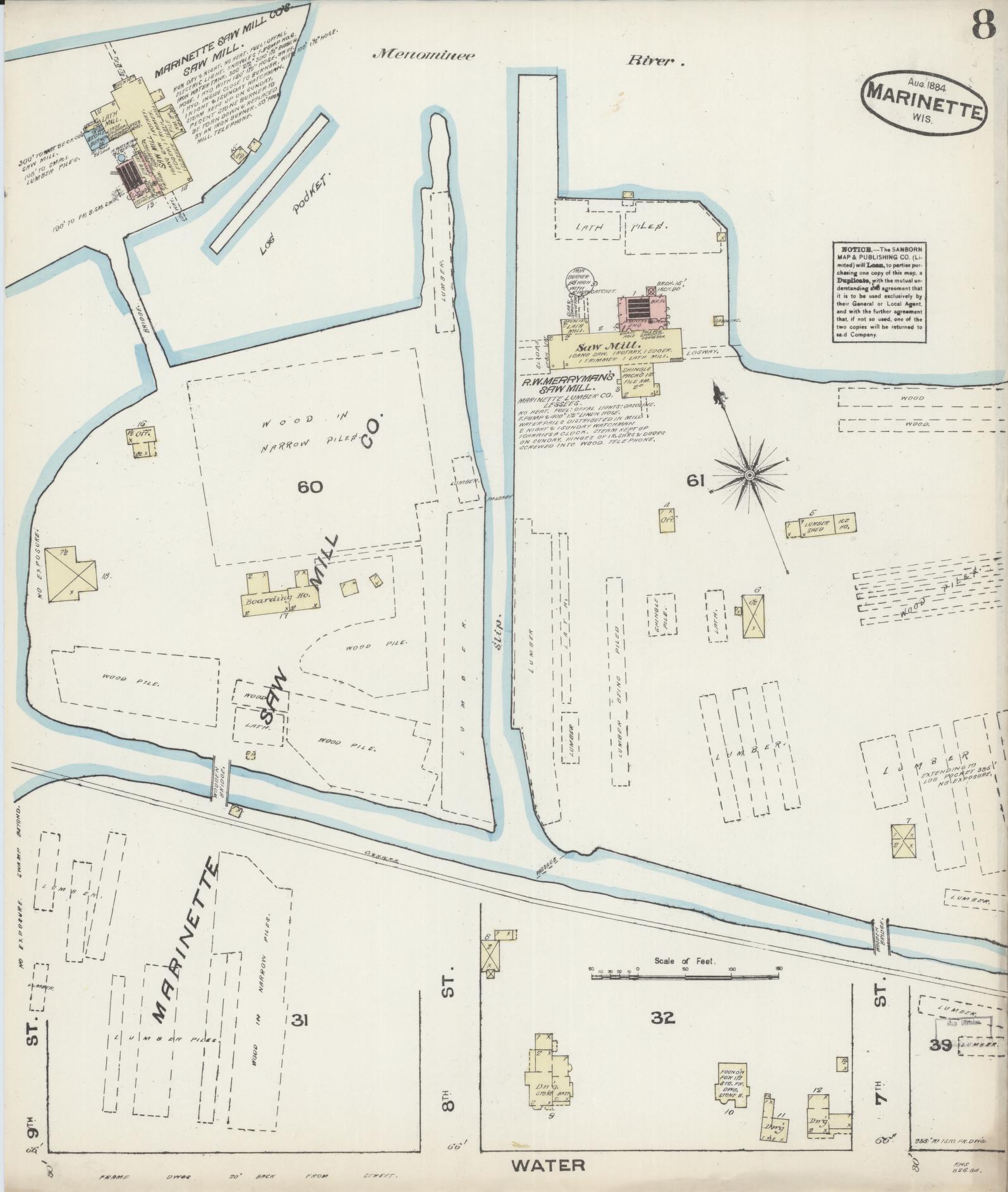 Sanborn Fire Insurance Map from Marinette, Marinette County, Wisconsin (1884), Sheet #0008 - Historic Sanborn Fire Insurance Map Print, vintage old map wall art, antique decor, genealogy gift, Wisconsin Wisconsin map