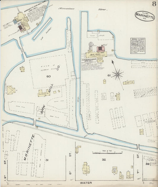 Sanborn Fire Insurance Map from Marinette, Marinette County, Wisconsin (1884), Sheet #0008 - Historic Sanborn Fire Insurance Map Print, vintage old map wall art, antique decor, genealogy gift, Wisconsin Wisconsin map
