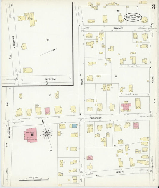 Sanborn Fire Insurance Map from Willimantic, Windham County, Connecticut (1908), Sheet #0003 - Historic Sanborn Fire Insurance Map Print, vintage old map wall art, antique decor, genealogy gift, Connecticut Connecticut map