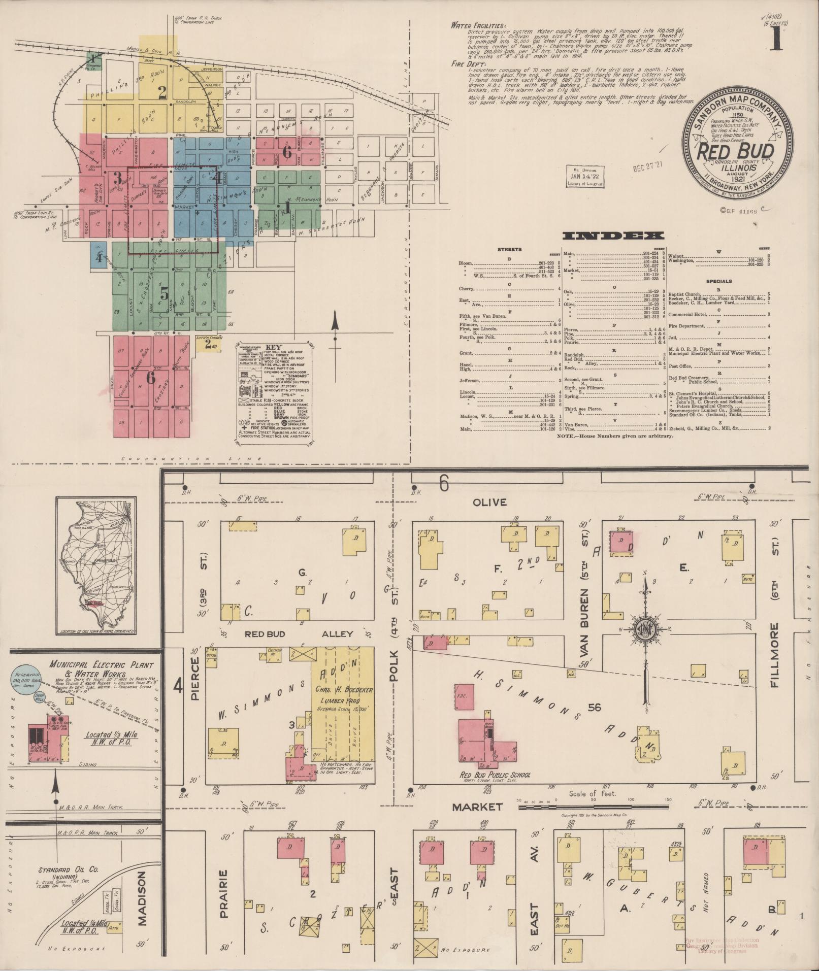 Sanborn Fire Insurance Map from Red Bud, Randolph County, Illinois (1921), Sheet #0001 - Complete Map Set gallery image, historic Sanborn map, vintage wall art, Illinois Illinois