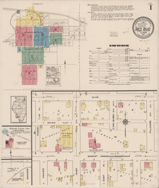 Sanborn Fire Insurance Map from Red Bud, Randolph County, Illinois (1921), Sheet #0001 - Complete Map Set gallery image, historic Sanborn map, vintage wall art, Illinois Illinois