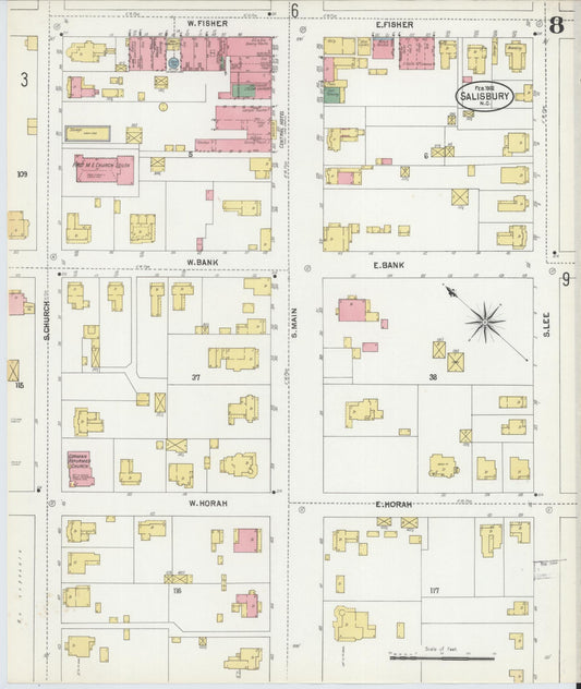 Sanborn Fire Insurance Map from Salisbury, Rowan County, North Carolina (1902), Sheet #0008 - Historic Sanborn Fire Insurance Map Print, vintage old map wall art, antique decor, genealogy gift, North Carolina North Carolina map