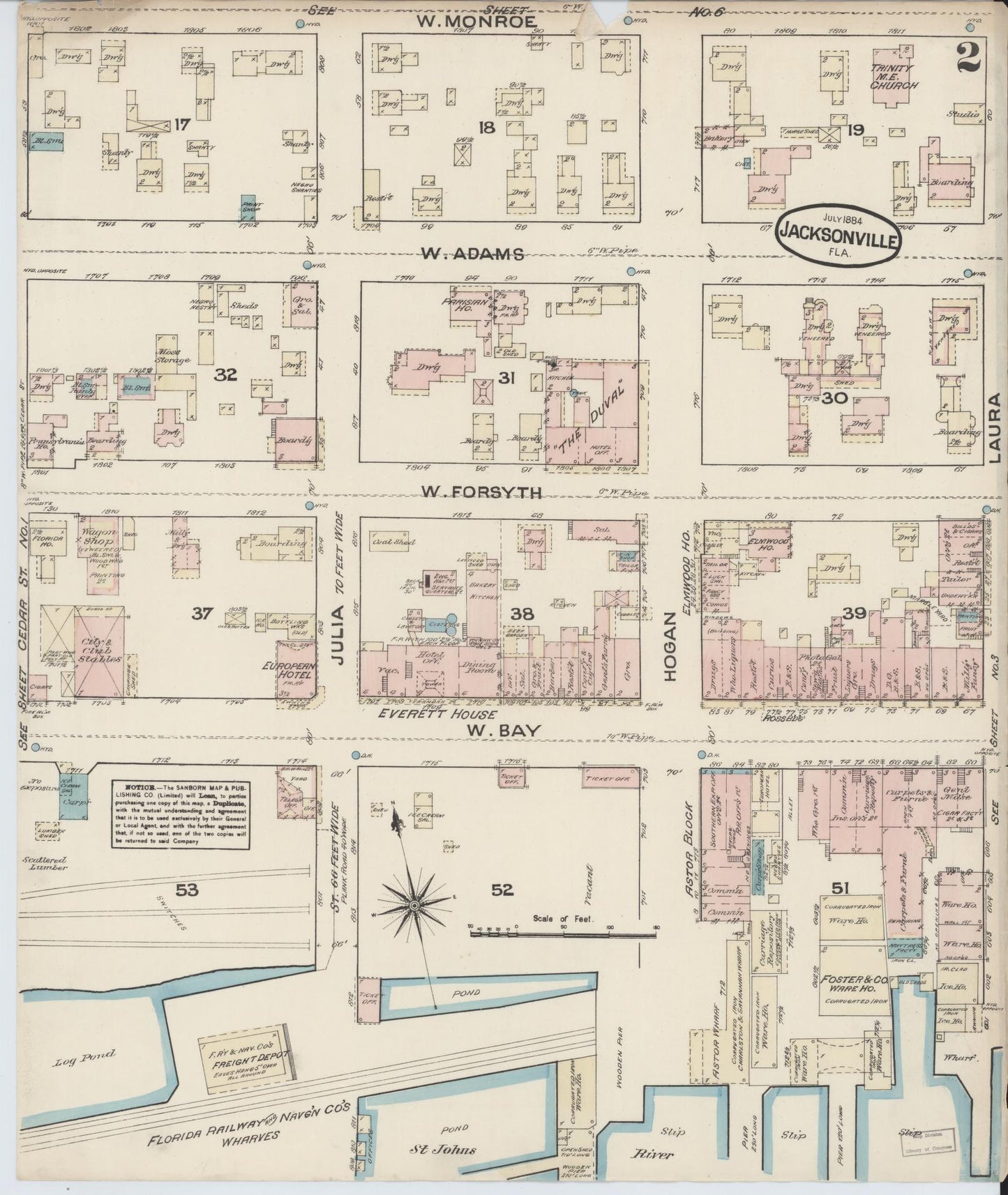 Sanborn Fire Insurance Map from Jacksonville, Duval County, Florida (1884), Sheet #0002 - Complete Map Set gallery image, historic Sanborn map, vintage wall art, Florida Florida