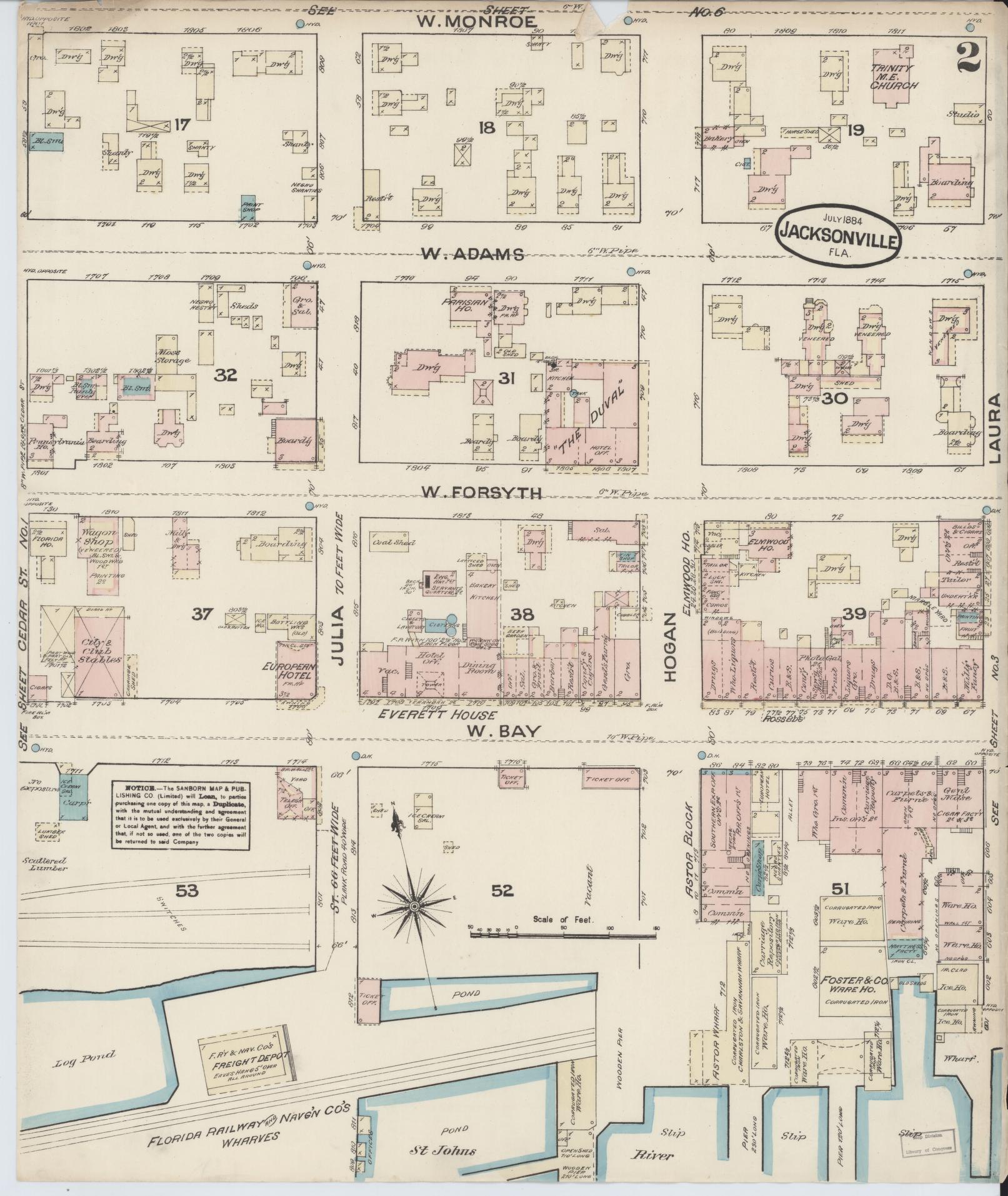 Sanborn Fire Insurance Map from Jacksonville, Duval County, Florida (1884), Sheet #0002 - Complete Map Set gallery image, historic Sanborn map, vintage wall art, Florida Florida