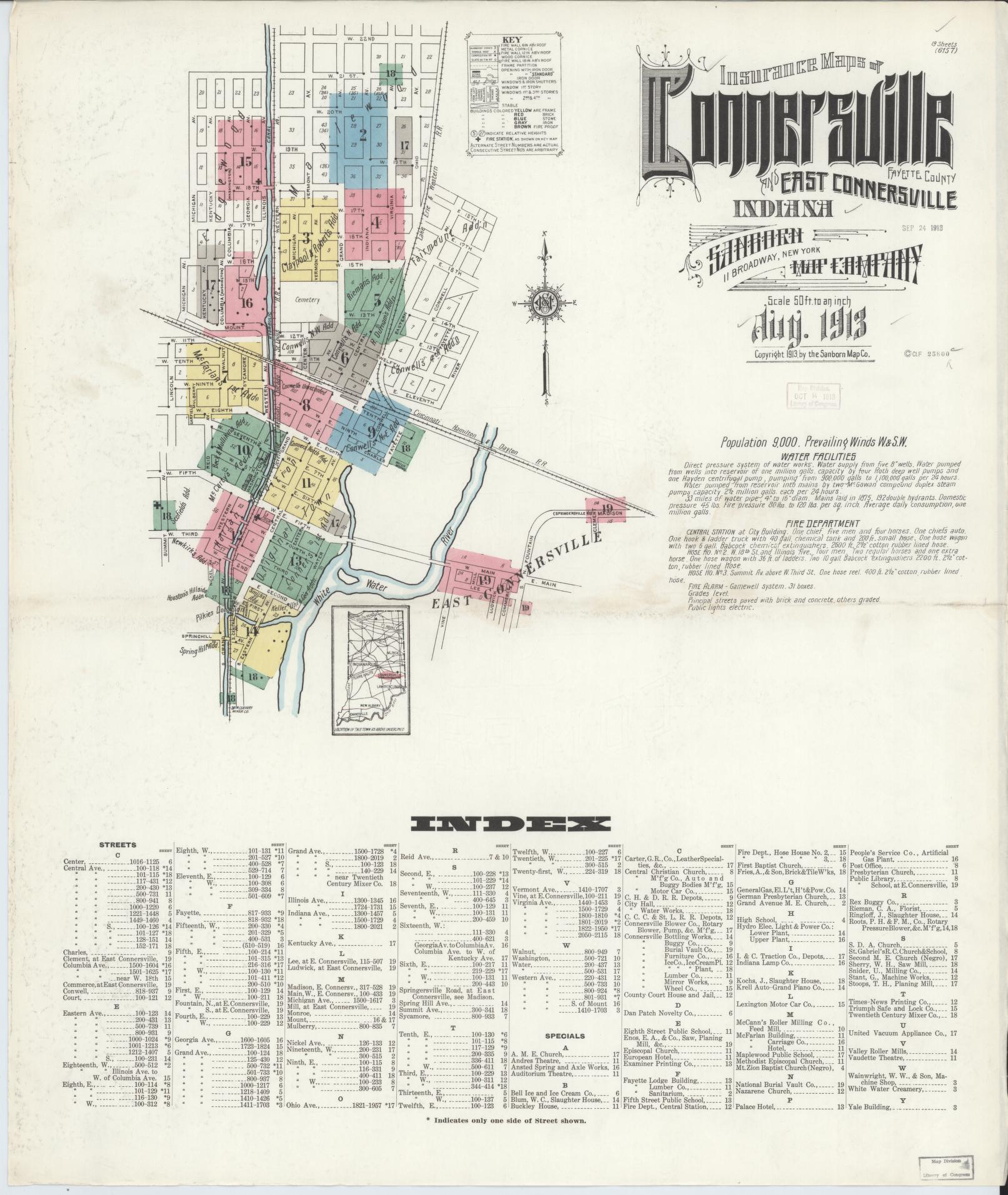 Sanborn Fire Insurance Map from Connersville, Fayette County, Indiana (1913), Sheet #0001 - Complete Map Set gallery image, historic Sanborn map, vintage wall art, Indiana Indiana