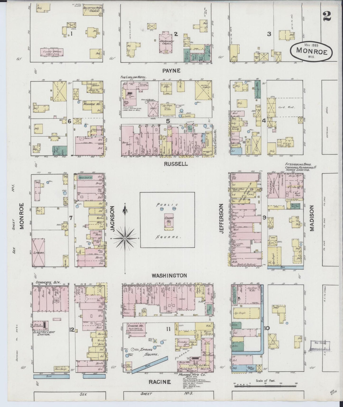 Sanborn Fire Insurance Map from Monroe, Green County, Wisconsin (1889), Sheet #0002 - Complete Map Set gallery image, historic Sanborn map, vintage wall art, Wisconsin Wisconsin