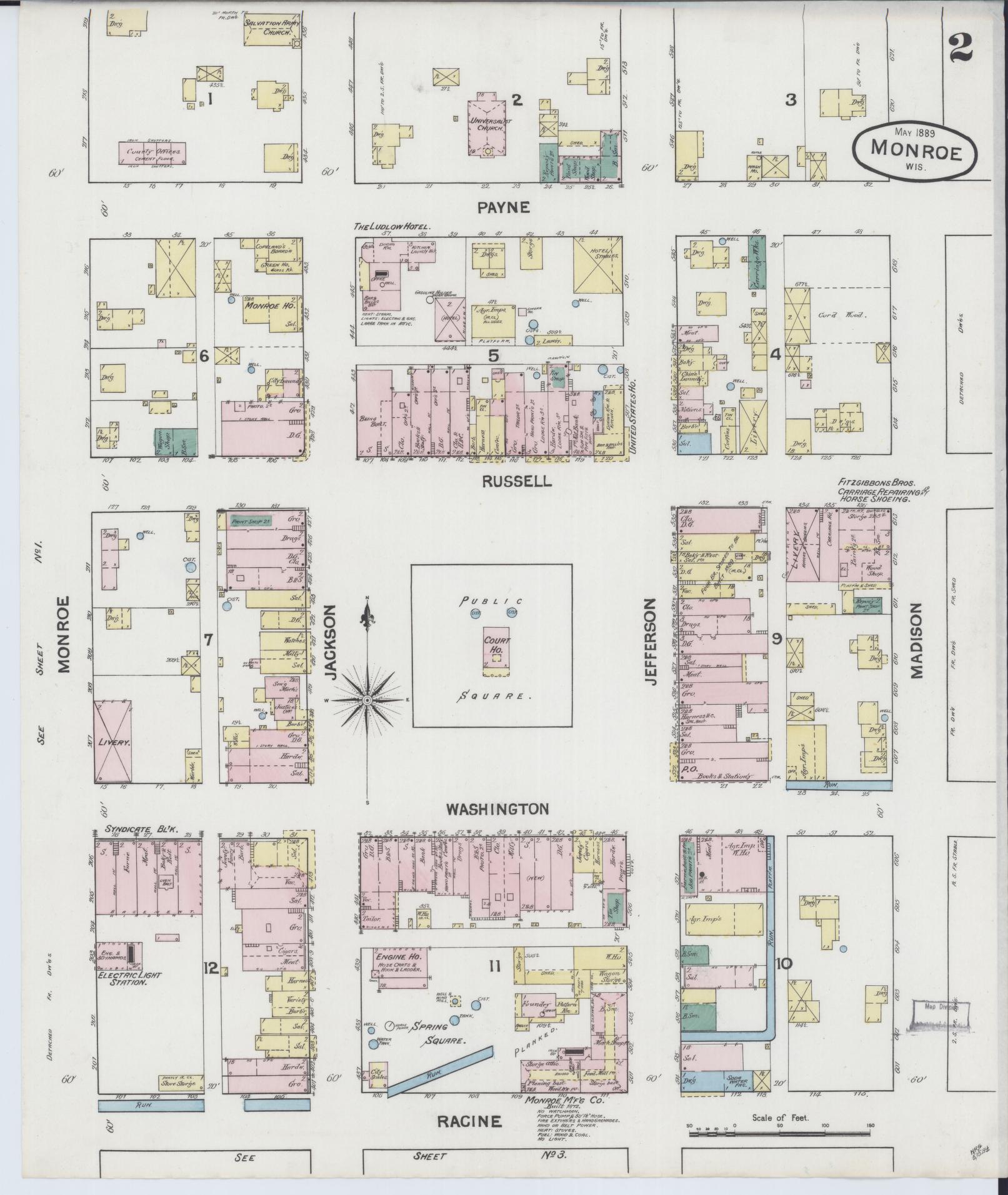 Sanborn Fire Insurance Map from Monroe, Green County, Wisconsin (1889), Sheet #0002 - Complete Map Set gallery image, historic Sanborn map, vintage wall art, Wisconsin Wisconsin