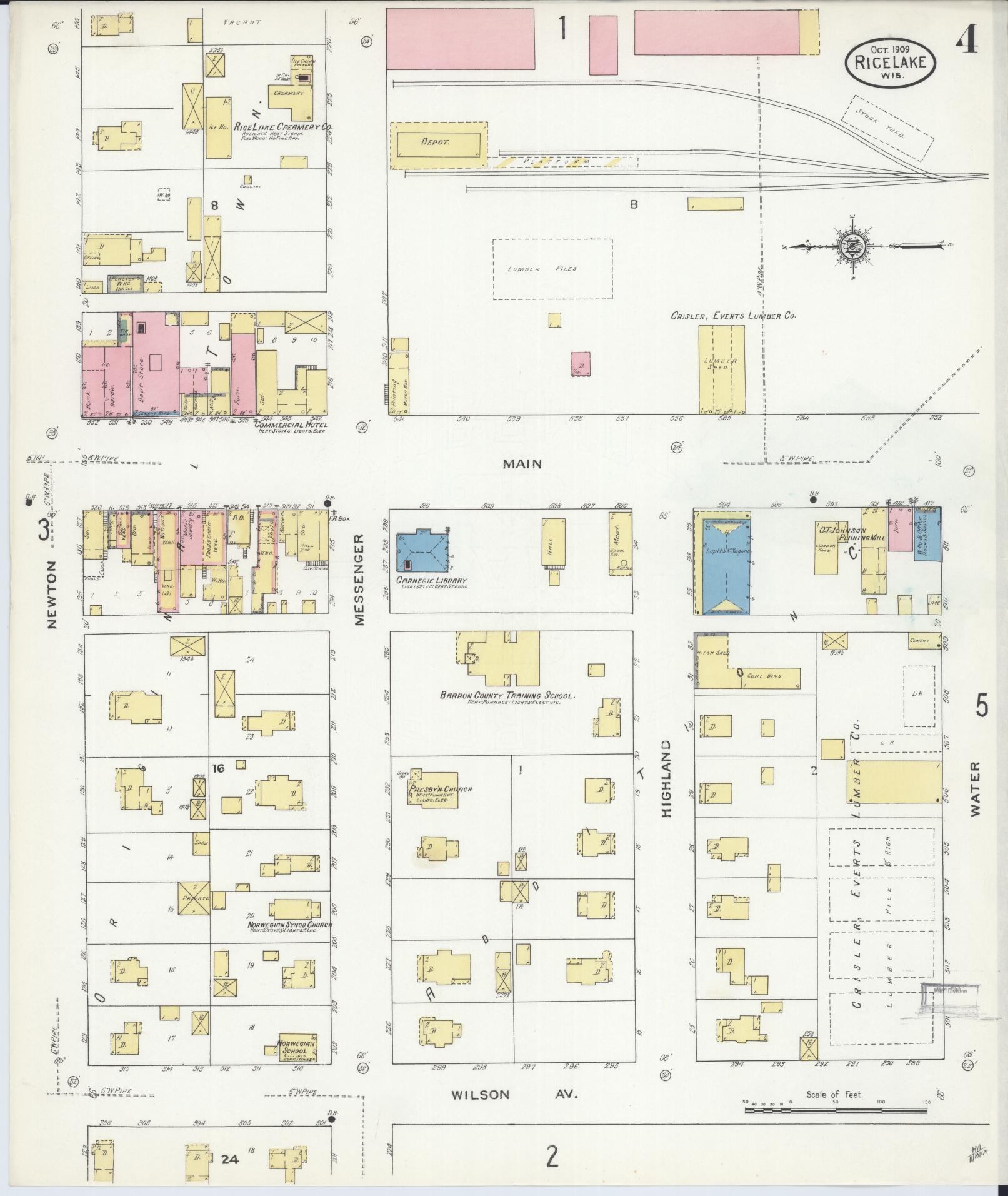 Sanborn Fire Insurance Map from Rice Lake, Barron County, Wisconsin (1909), Sheet #0004 - Historic Sanborn Fire Insurance Map Print, vintage old map wall art, antique decor, genealogy gift, Wisconsin Wisconsin map