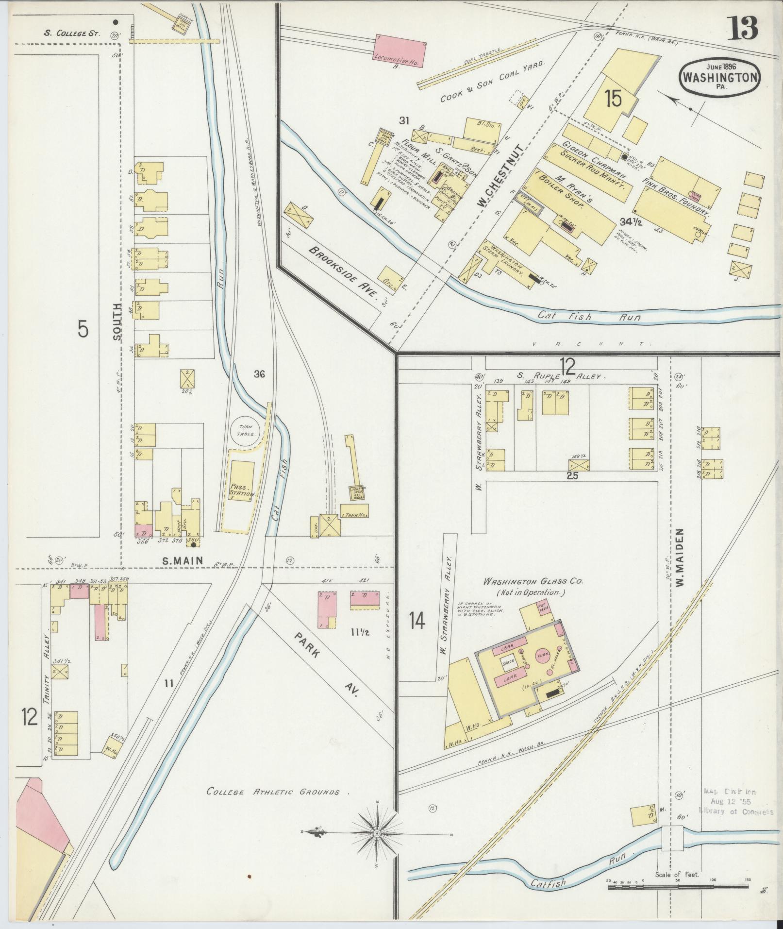 Sanborn Fire Insurance Map from Washington, Washington County, Pennsylvania (1896), Sheet #0013 - Historic Sanborn Fire Insurance Map Print, vintage old map wall art, antique decor, genealogy gift, Sanborn Fire Insurance Map from Washington Washington map