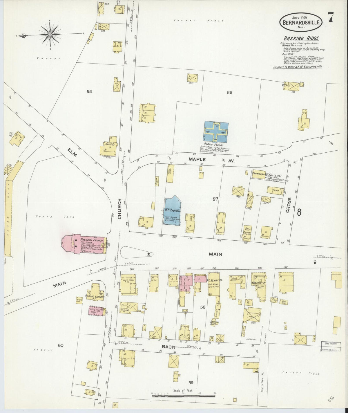 Sanborn Fire Insurance Map from Bernardsville, Somerset County, New Jersey (1909), Sheet #0007 - Historic Sanborn Fire Insurance Map Print, vintage old map wall art, antique decor, genealogy gift, New Jersey New Jersey map