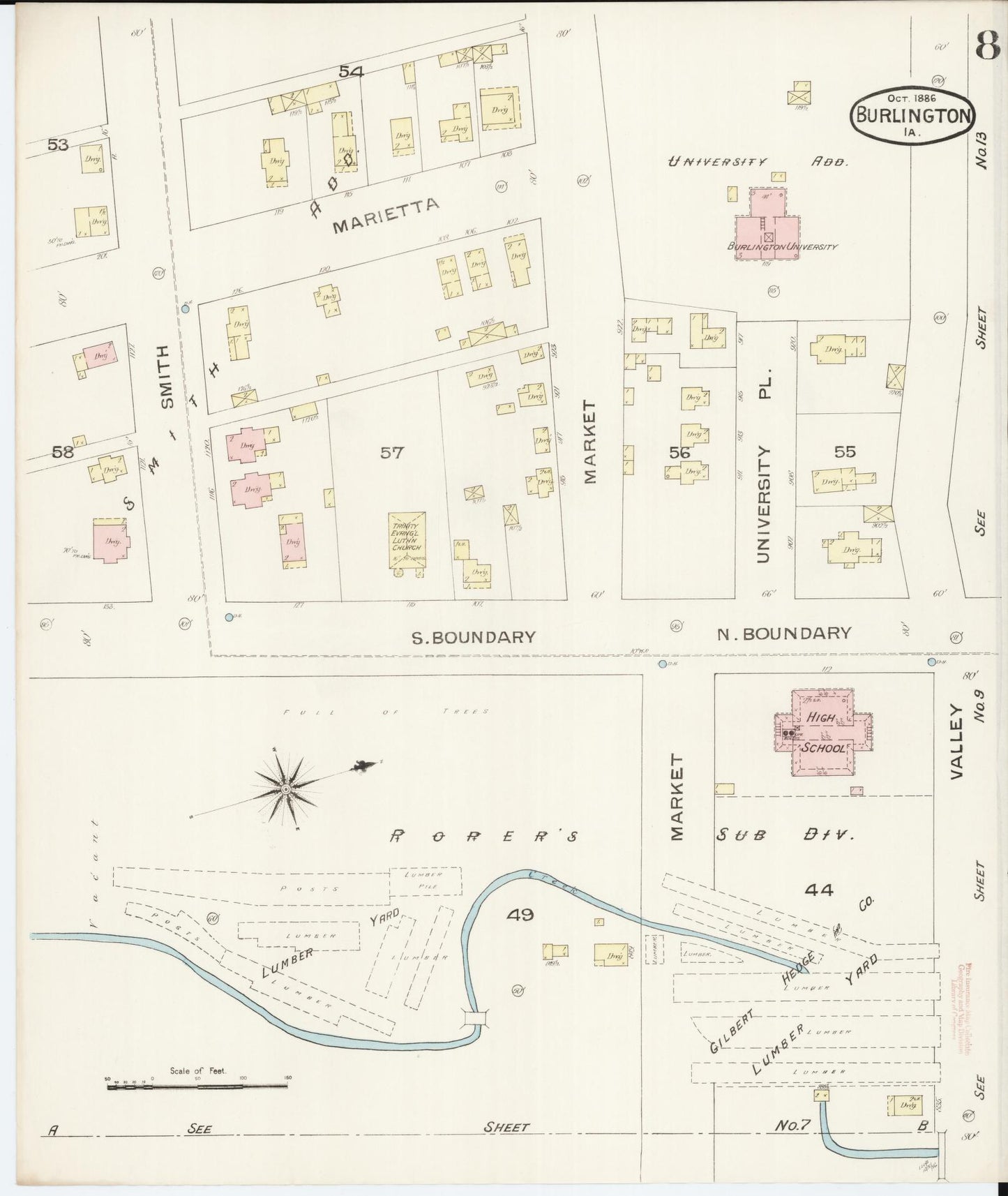 Sanborn Fire Insurance Map from Burlington, Des Moines County, Iowa (1888), Sheet #0008 - Historic Sanborn Fire Insurance Map Print, vintage old map wall art