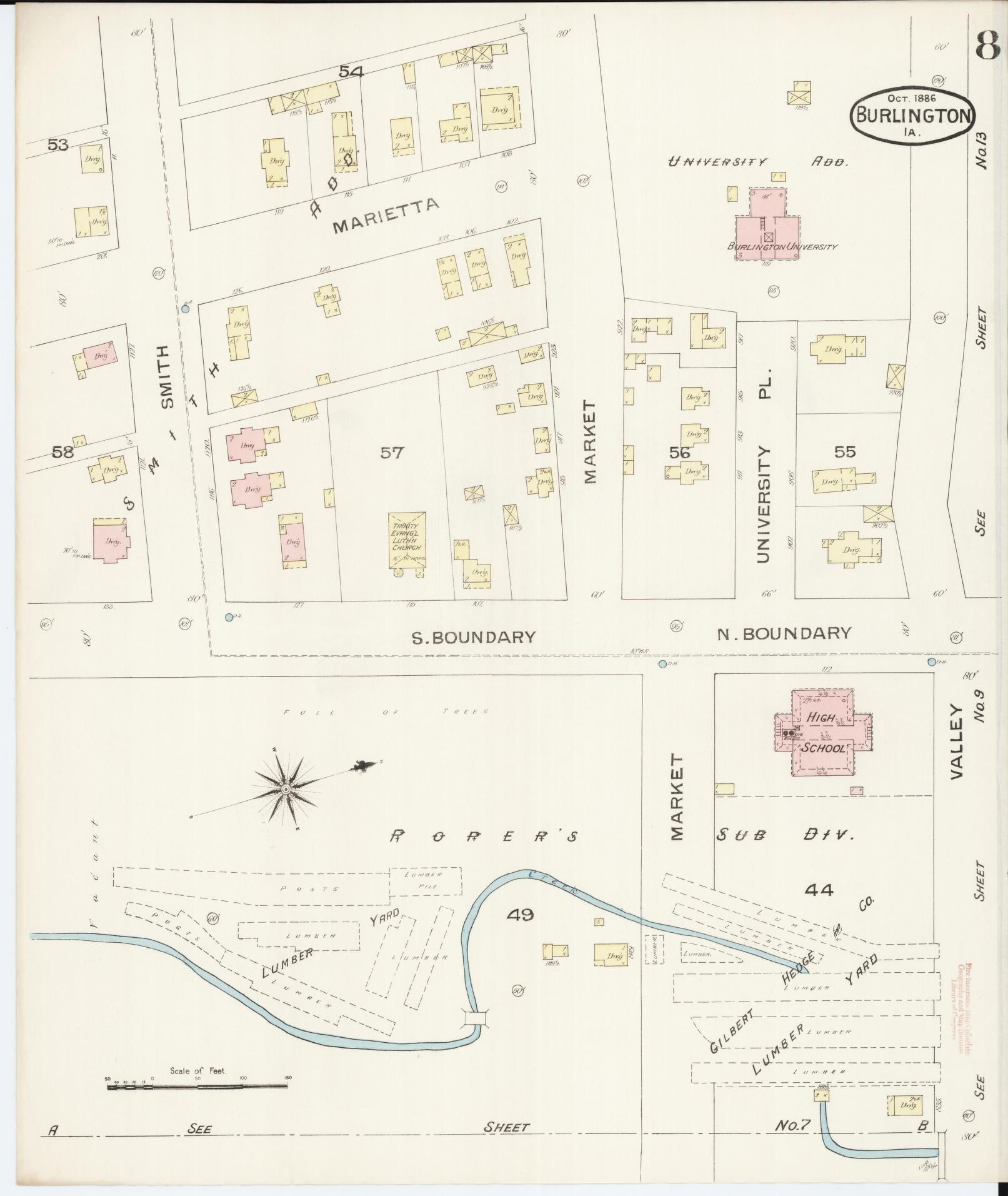 Sanborn Fire Insurance Map from Burlington, Des Moines County, Iowa (1888), Sheet #0008 - Historic Sanborn Fire Insurance Map Print, vintage old map wall art