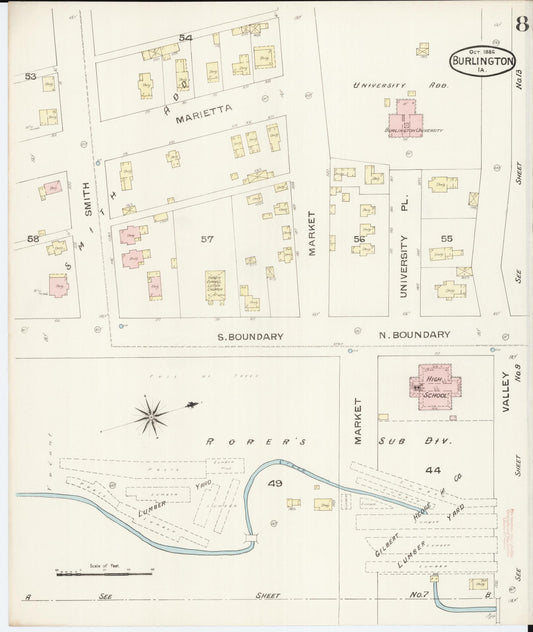 Sanborn Fire Insurance Map from Burlington, Des Moines County, Iowa (1888), Sheet #0008 - Historic Sanborn Fire Insurance Map Print, vintage old map wall art