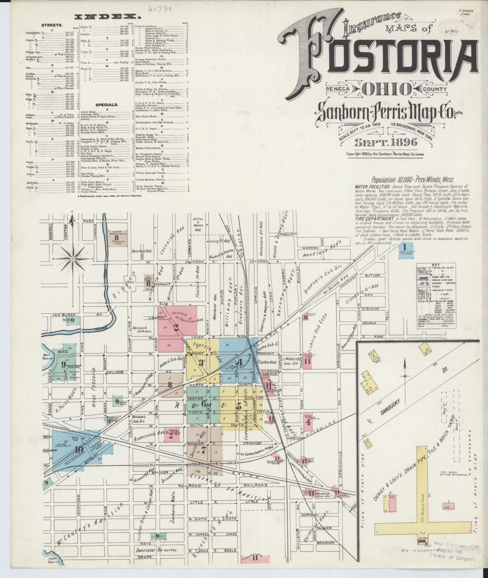 Sanborn Fire Insurance Map from Fostoria, Seneca, Hancock, And Wood Counties, Ohio (1896), Sheet #0001 - Historic Sanborn Fire Insurance Map Print, vintage old map wall art, antique decor, genealogy gift, Ohio Ohio map