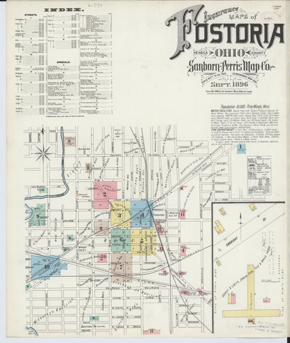 Sanborn Fire Insurance Map from Fostoria, Seneca, Hancock, And Wood Counties, Ohio (1896), Sheet #0001 - Historic Sanborn Fire Insurance Map Print, vintage old map wall art, antique decor, genealogy gift, Ohio Ohio map
