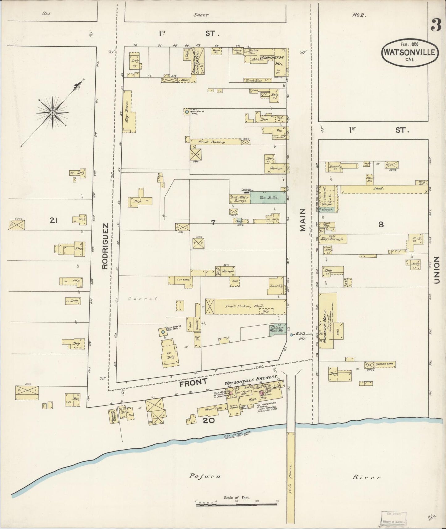 Sanborn Fire Insurance Map from Watsonville, Santa Cruz County, California (1888), Sheet #0003 - Complete Map Set gallery image, historic Sanborn map, vintage wall art, California California