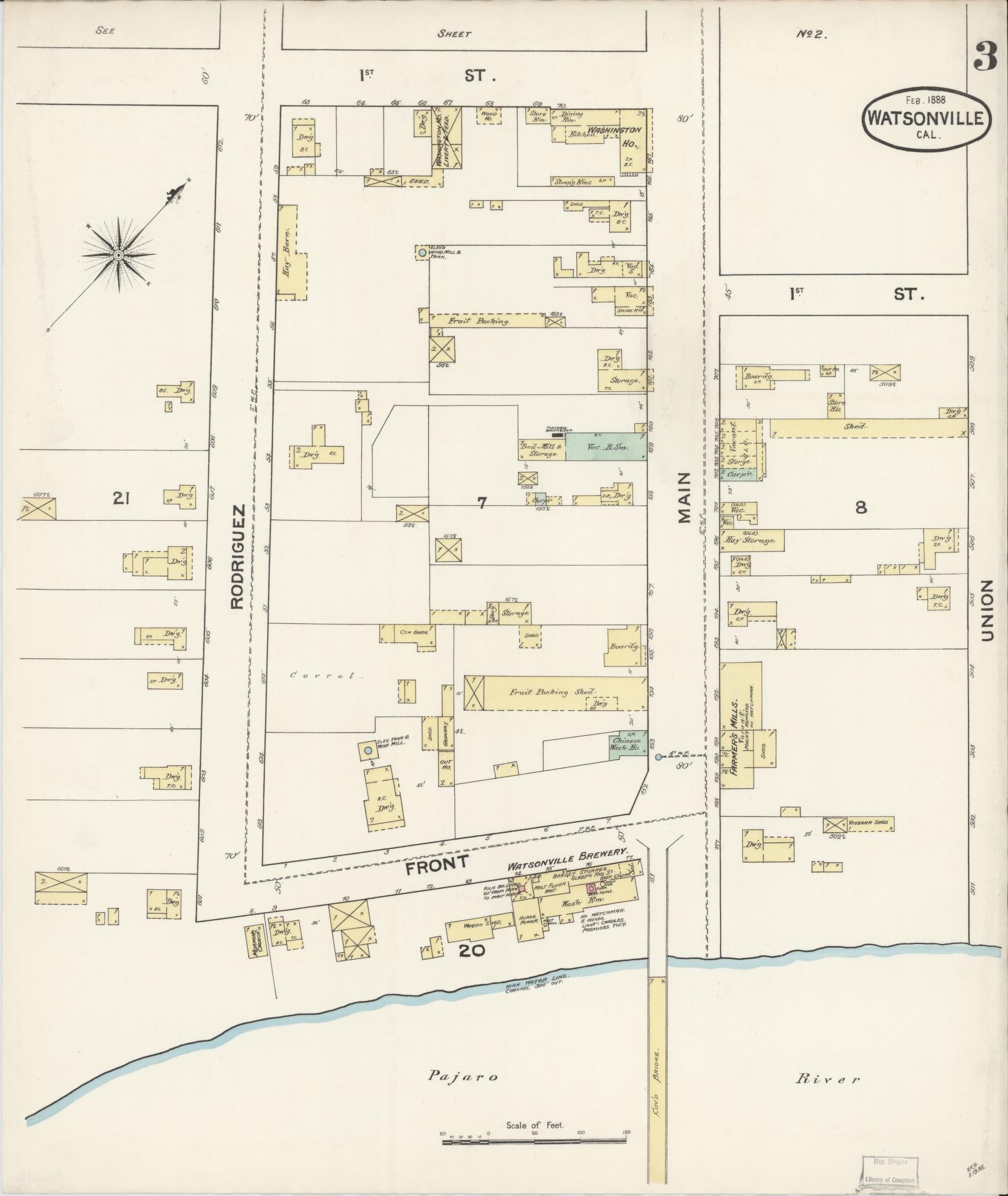 Sanborn Fire Insurance Map from Watsonville, Santa Cruz County, California (1888), Sheet #0003 - Complete Map Set gallery image, historic Sanborn map, vintage wall art, California California