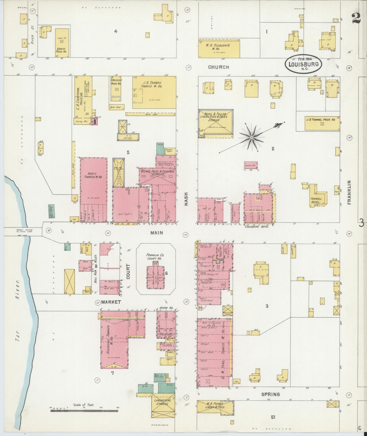 Sanborn Fire Insurance Map from Louisburg, Franklin County, North Carolina (1904), Sheet #0002 - Complete Map Set gallery image, historic Sanborn map, vintage wall art, North Carolina North Carolina