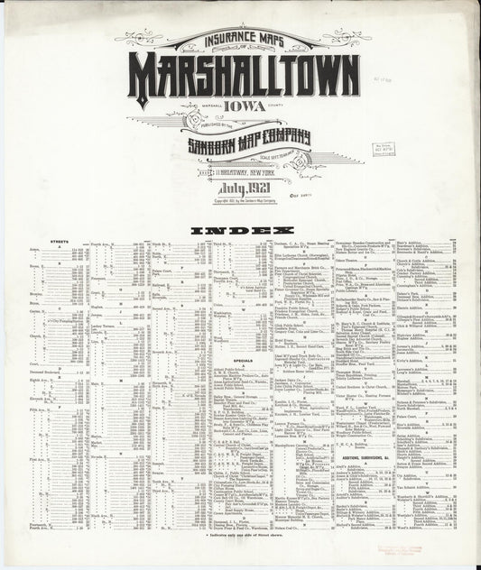 Sanborn Fire Insurance Map from Marshalltown, Marshall County, Iowa (1921), Sheet #0001 - Historic Sanborn Fire Insurance Map Print, vintage old map wall art