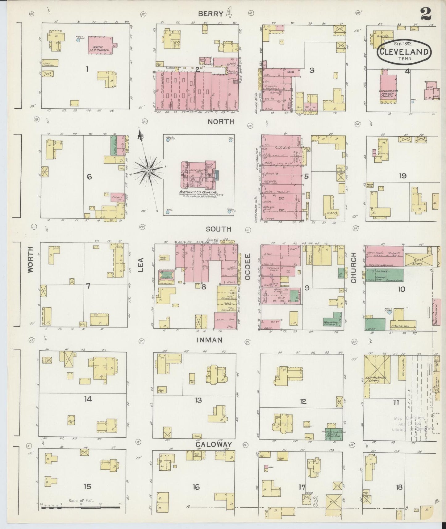 Sanborn Fire Insurance Map from Cleveland, Bradley County, Tennessee (1892), Sheet #0002 - Historic Sanborn Fire Insurance Map Print, vintage old map wall art, antique decor, genealogy gift, Tennessee Tennessee map