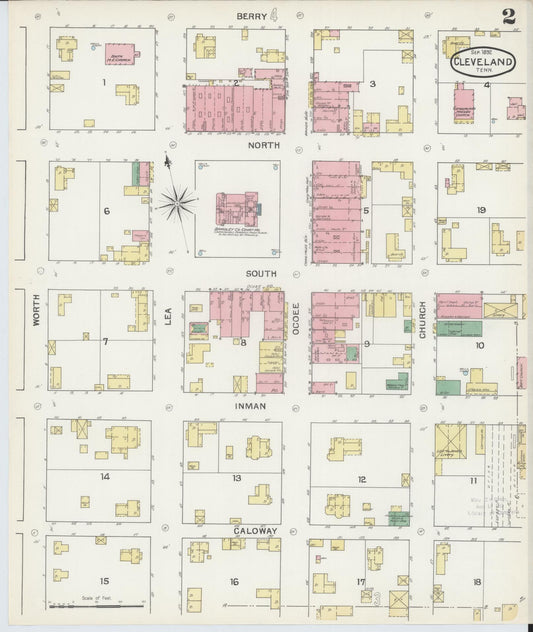 Sanborn Fire Insurance Map from Cleveland, Bradley County, Tennessee (1892), Sheet #0002 - Historic Sanborn Fire Insurance Map Print, vintage old map wall art, antique decor, genealogy gift, Tennessee Tennessee map
