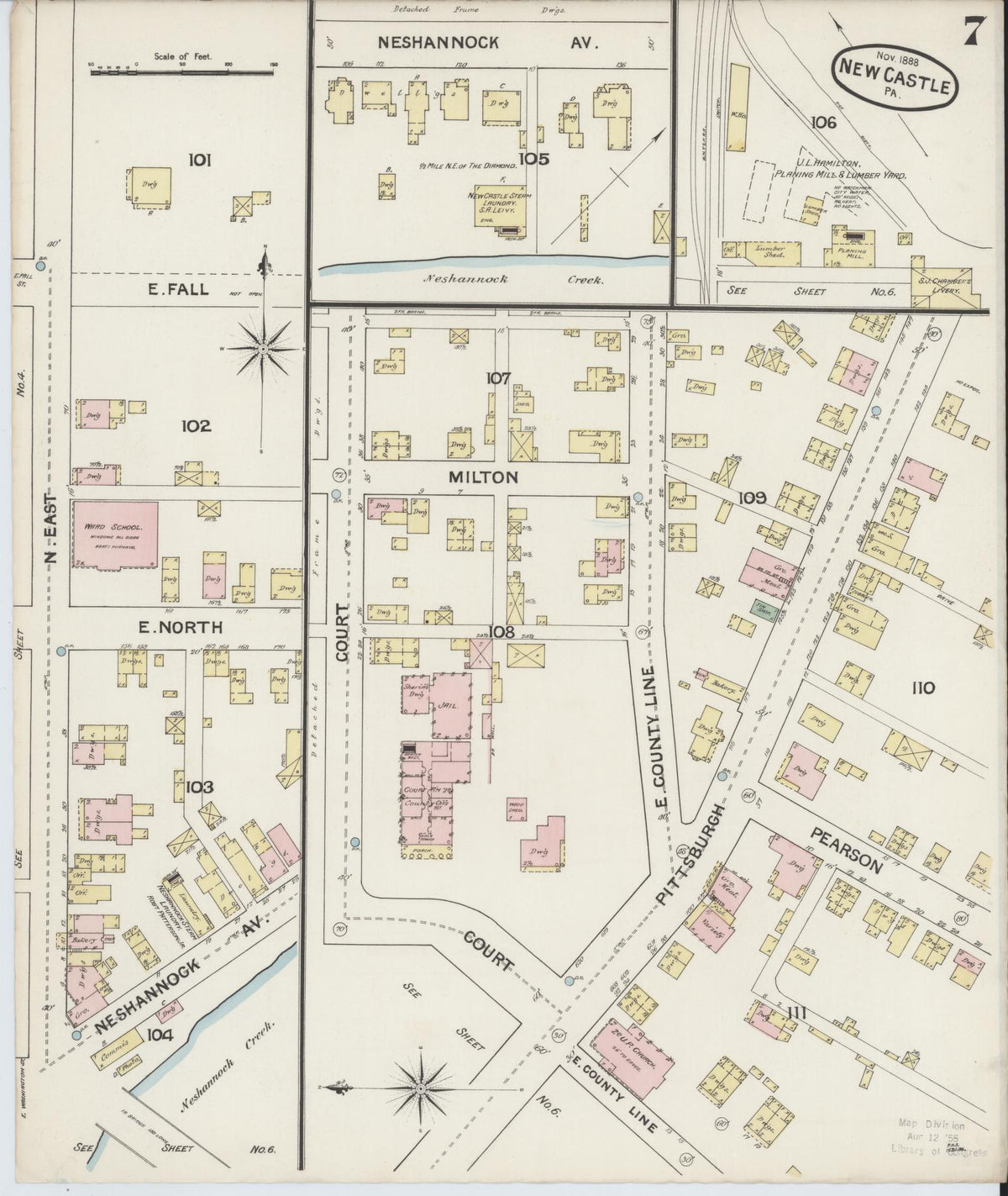 Sanborn Fire Insurance Map from New Castle, Lawrence County, Pennsylvania (1888), Sheet #0007 - Historic Sanborn Fire Insurance Map Print, vintage old map wall art, antique decor, genealogy gift, Pennsylvania Pennsylvania map