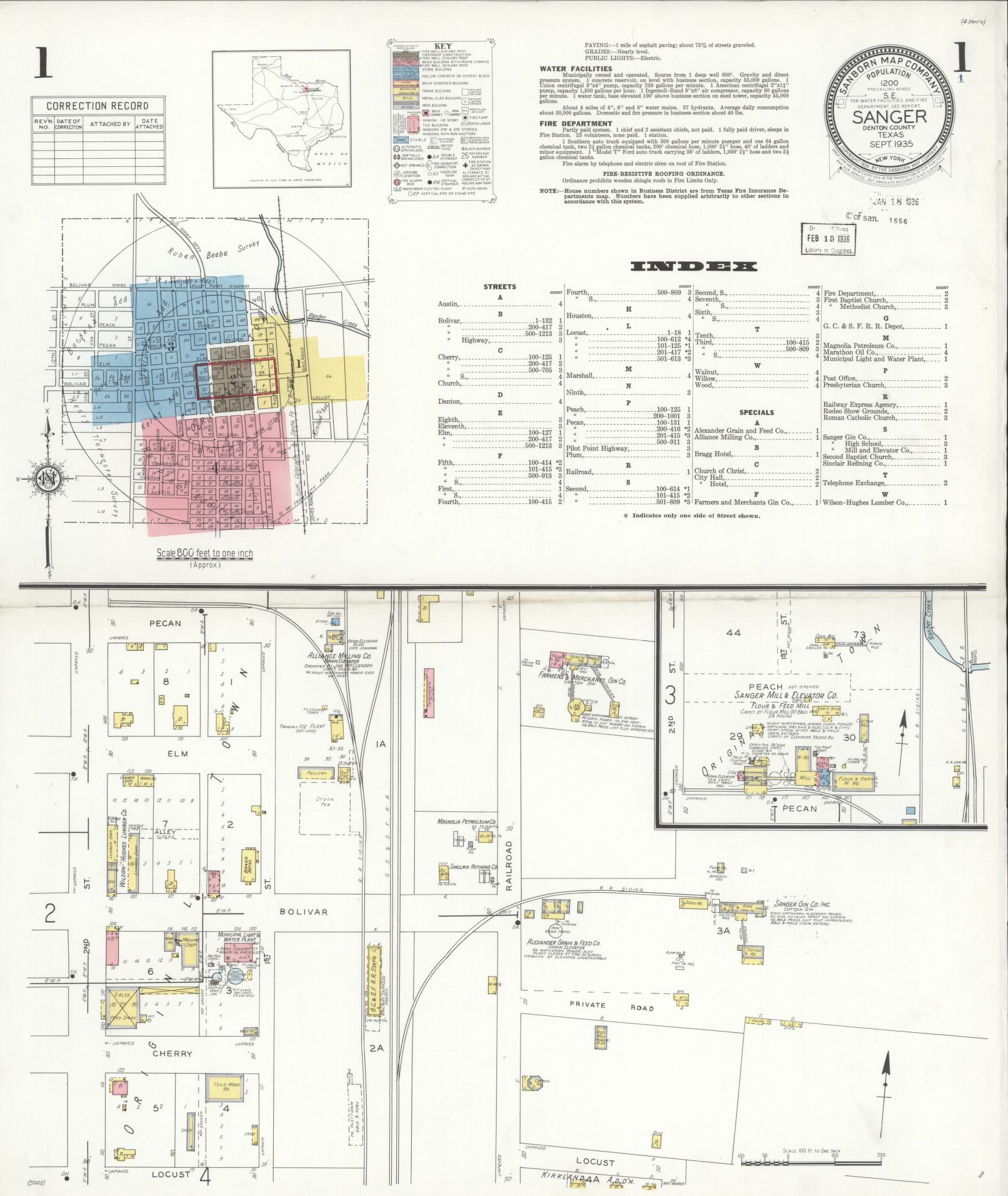 Sanborn Fire Insurance Map from Sanger, Denton County, Texas (1935), Sheet #0001 - Complete Map Set gallery image, historic Sanborn map, vintage wall art, Texas Texas