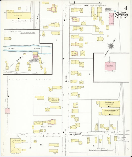 Sanborn Fire Insurance Map from Waterbury, Washington County, Vermont (1909), Sheet #0004 - Historic Sanborn Fire Insurance Map Print, vintage old map wall art, antique decor, genealogy gift, Vermont Vermont map
