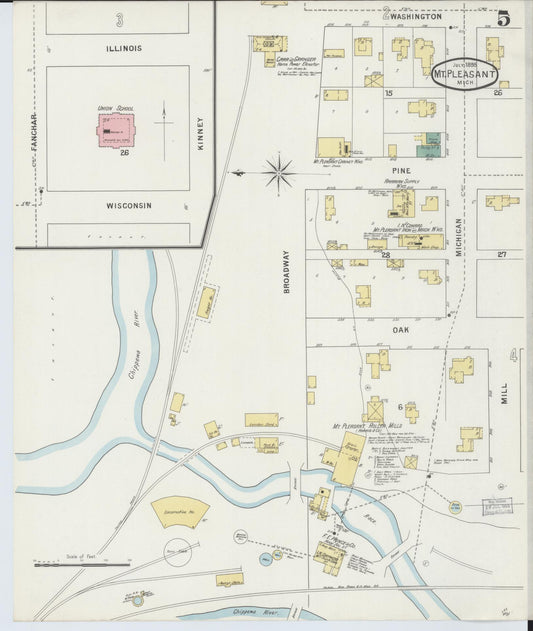 Sanborn Fire Insurance Map from Mount Pleasant, Isabella County, Michigan (1895), Sheet #0005 - Historic Sanborn Fire Insurance Map Print, vintage old map wall art, antique decor, genealogy gift, Michigan Michigan map