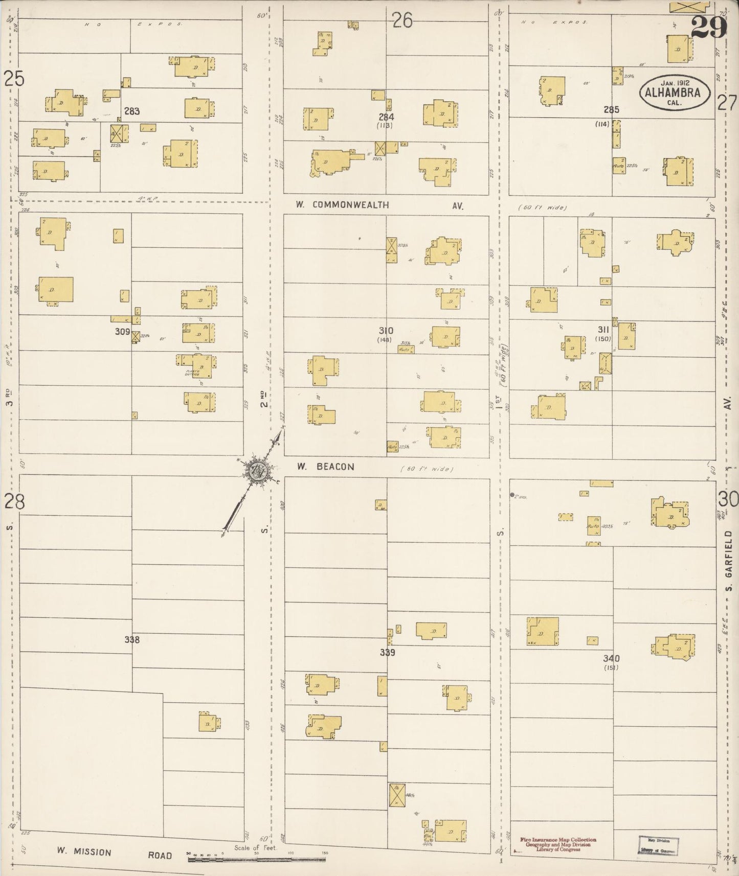 Sanborn Fire Insurance Map from Alhambra, Los Angeles County, California (1912), Sheet #0029 - Historic Sanborn Fire Insurance Map Print, vintage old map wall art, antique decor, genealogy gift, California California map