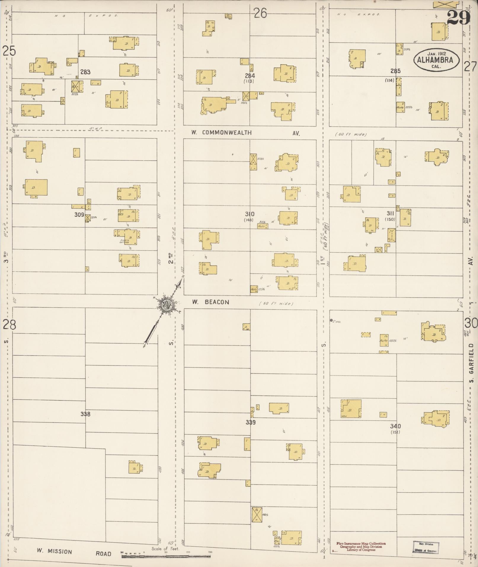 Sanborn Fire Insurance Map from Alhambra, Los Angeles County, California (1912), Sheet #0029 - Historic Sanborn Fire Insurance Map Print, vintage old map wall art, antique decor, genealogy gift, California California map