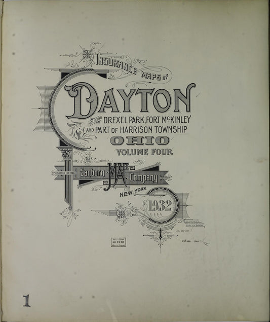 Sanborn Fire Insurance Map from Dayton, Montgomery County, Ohio (1932), Sheet #0001 - Historic Sanborn Fire Insurance Map Print, vintage old map wall art, antique decor, genealogy gift, Ohio Ohio map